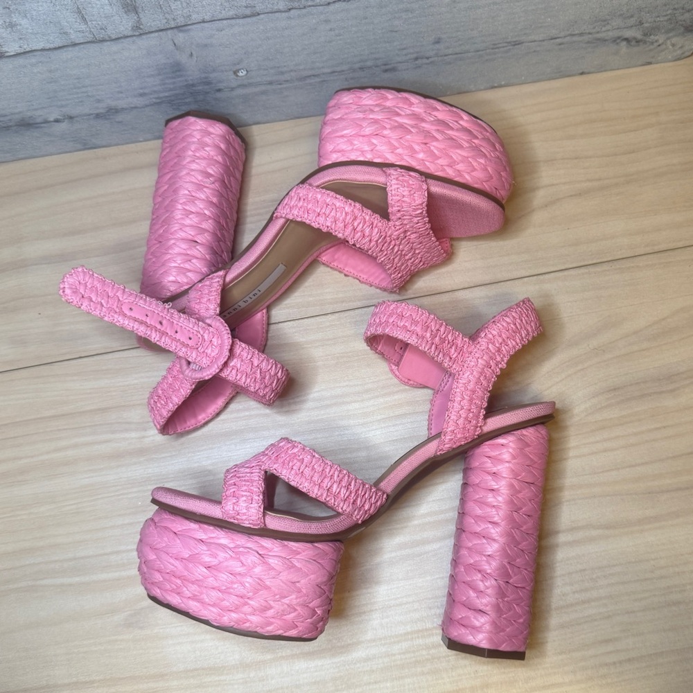 GIANNI BINI PELLE NWOB RAFFIA Pink Woven Platform Sandals - Picture 7 of 9